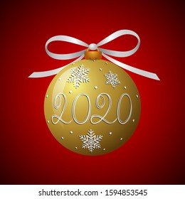 Vector golden glossy Christmas ball with ribbon. Christmas tree decoration with snowflakes and 2020. Happy New Year 2020. Golden Christmas decoration in a flat style for the design of postcards