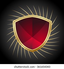 vector golden glossy shield on a red background.