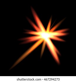 Vector golden glowing lights on transparent background. Special effect light rays. Spark, star burst, flash. Spotlight flare. Illumination.