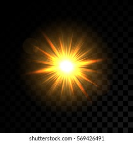 Vector golden glowing lights on transparent background. Special effect light rays. Spark, star burst, flash. Spotlight flare. Illumination.