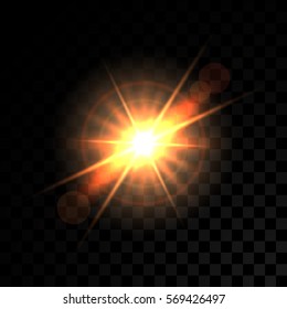 Vector golden glowing lights on transparent background. Special effect light rays. Spark, star burst, flash. Spotlight flare. Illumination.
