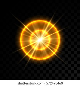 Vector golden glowing lights on transparent background. Special effect light rays. Spark, star burst, flash. Spotlight flare. Illumination.