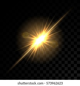 Vector golden glowing lights on transparent background. Special effect light rays. Spark, star burst, flash. Spotlight flare. Illumination.