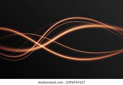 Vector golden glowing lines png. Magic lines of light. Speedy twisted lines. Light trail, glowing waves. Movement of energy flow. Light effect. PNG.