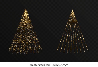 Vector golden glowing particles png. Magical glow. Spraying glowing dust. Magic light. Glowing Christmas tree png.