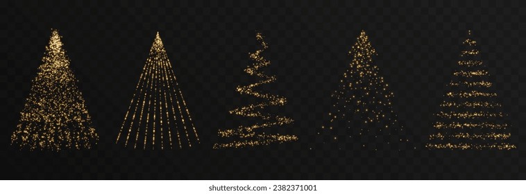 Vector golden glowing particles png. Magical glow. Spraying glowing dust. Magic light. Glowing Christmas tree png.