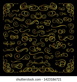Vector Golden Gradient Calligraphic Design Elements Collection Isolated on Black Background, Filigree Swirls, Corners, Frames and Curve Lines.