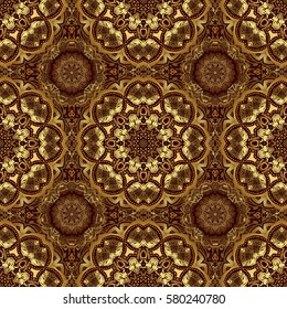 Vector golden gradient seamless texture. Elegant light and shine vector template on brown background. Metallic elements for frame, ribbon, banner, mandalas. Realistic abstract golden seamless pattern.