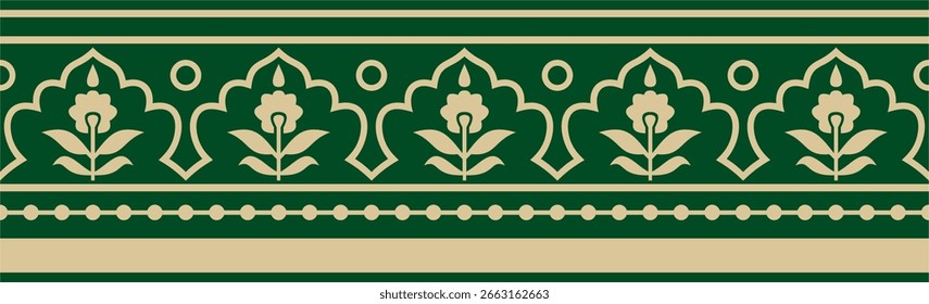 Vector dorado con adorno nacional turco interminable verde. Borde otomano sin costuras, marco. Patrón floral étnico de los turcos selyúcidas. Decoración de los palacios del sultán.
