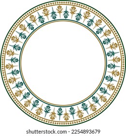 Vector golden and green round byzantine ornament. Circle, border, frame of ancient Greece and Eastern Roman Empire. Decoration of the Russian Orthodox Church.
