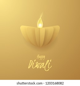 Vector golden greeting card for festival of lights with text Happy Diwali, 3D oil lamps of cut out from paper. Festive background for banners of Indian Hindu holiday Deepavali with gold paper diya.