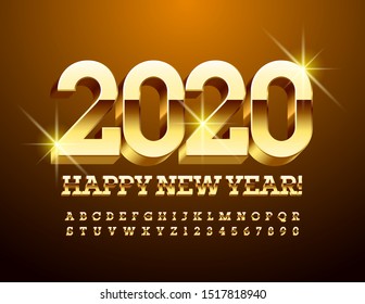 Vector Golden Greeting Card Happy New Year 2020. 3D Luxury Font. Elite Alphabet Letters and Numbers