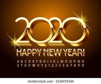 Vector golden greeting card Happy New Year 2020. Shiny chic Alphabet Letters and Numbers. 3D Uppercase Font