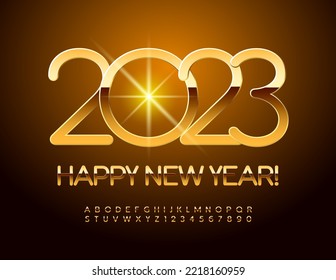 Tarjeta de felicitación de oro vectorial ¡Feliz Año Nuevo 2023! Chic royal Font. Hermosas letras de alfabeto, números y símbolos.