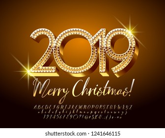 Vector golden Greeting Card Merry Christmas 2019. Luxury set of beautiful Calligraphy Alphabet Letters, Numbers and Symbols.