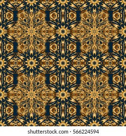 Vector golden grid seamless pattern with abstract flowers and stars on a blue background. Orient textile print for bed linen, jacket, package design, fabric and fashion concepts.