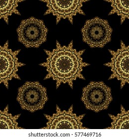 Vector golden grid seamless pattern with abstract flowers and stars on a black background. Orient textile print for bed linen, jacket, package design, fabric and fashion concepts.
