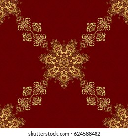 Vector golden grid seamless pattern with abstract flowers and stars on a red background. Orient textile print for bed linen, jacket, package design, fabric and fashion concepts.