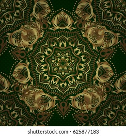 Vector golden grid seamless pattern with abstract flowers and stars on a green background. Orient textile print for bed linen, jacket, package design, fabric and fashion concepts.