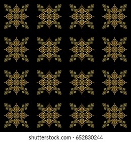 Vector golden grid seamless pattern with abstract flowers and stars on a black background. Orient textile print for bed linen, jacket, package design, fabric and fashion concepts.