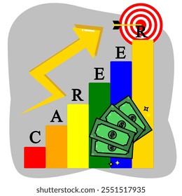 Vector of a golden growth curve, archery target, money stacks, and ladder blocks spelling CAREER, symbolizing success, ambition, and achieving goals in a sleek design