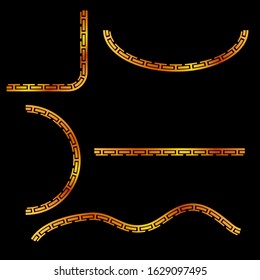 Vector Golden Half of Square, oval, square and wave corner element design, china style, black background
