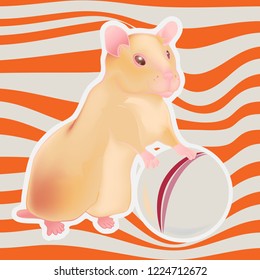 Vector golden hamster rests on a ball. Curiosity and anticipation of the game are read on the muzzle. There is a bright striped background  behind.
