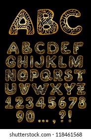 vector golden hand drawn Alphabet with digits and punctuation marks