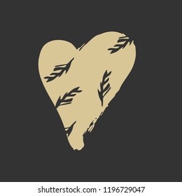 Vector golden hand drawn heart. Love symbol, brush. Decor element for Valentine's day card, Wedding background, pattern, poster, label, sticker, postcard and print.