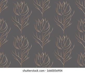 Vector Golden Hand Drawn Line Drawing Doodle Floral Seamless Pattern with Flowers, Wildflowers, Plants, Branches, Leaves. Design Elements Illustration. Branding. Swatch