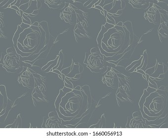 Vector Golden Hand Drawn Line Drawing Doodle Floral Seamless Pattern with Rose Flowers, Wildflowers, Plants, Branches, Leaves. Design Elements Illustration. Branding. Swatch