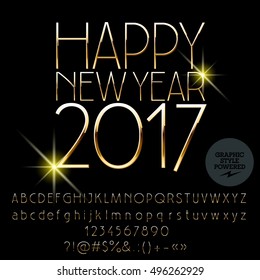 Vector golden Happy New Year 2017 greeting card with set of letters, symbols and numbers. File contains graphic styles