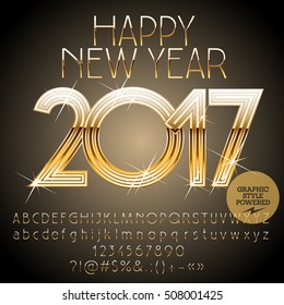 Vector golden Happy New Year 2017 greeting card with set of letters, symbols and numbers. File contains graphic styles