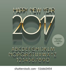 Vector golden Happy New Year 2017 greeting card with set of letters, symbols and numbers. File contains graphic styles