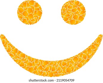 Vector golden happy smile mosaic icon. Happy smile is isolated on a white background. Gold items mosaic based on happy smile icon. Mosaic happy smile iconic image is constructed of yellow items.