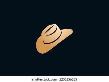 Vector golden hat logo. Western symbol isolated on dark background. Cowboy gold sign. Fashion hat shop stamp. Wild west sticker