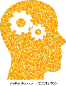 Vector golden head gears mosaic icon. Head gears is isolated on a white background. Golden items mosaic based on head gears icon. Collage head gears iconic image is made with yellow elements.