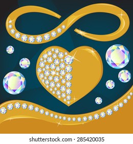 Vector golden heart with diamonds set, realistic illustration