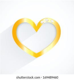 Vector golden heart with gems and flat shadow. Bright background. Vector illustration for Valentine's card.
