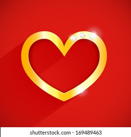 Vector golden heart with gems and flat shadow. Red background. Vector illustration for Valentine's card.