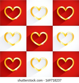 Vector golden heart with gems and flat shadow. Red and white background. Vector illustration for Valentine's card.