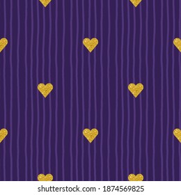Vector golden heart glitter seamless pattern on purple background with simple uneven lines. Glam background with sequin and golden confetti.