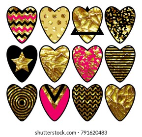 Vector golden heart with glitter stars, lights, sparkles isolated on background. Design for Valentine's day greeting card. Big vector collection of stickers