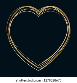 Vector of golden heart on deep blue background.Festive frame for Valentines cay card,banner,poster.Empty space for text.Isolated ellements