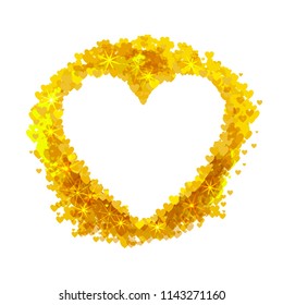 Vector Golden Heart Shape Frame, Wedding Border, Greeting Card, Isolated on White Backgroud Illustration.