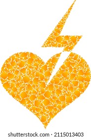 Vector golden heart strike mosaic icon. Heart strike is isolated on a white background. Golden items collage based on heart strike icon. Mosaic heart strike iconic image is done from yellow items.