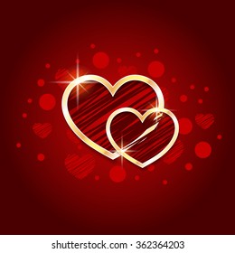 Vector golden hearts, frames with beauty red background. Valentine day illustration