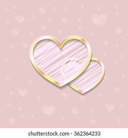 Vector golden hearts, frames with beauty pink background. Valentine day illustration