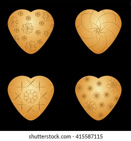 
Vector Golden hearts with Golden graphic pattern on a black background