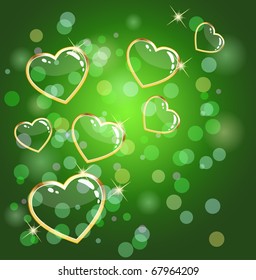 Vector golden hearts on a bright green background